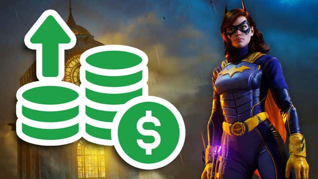 Batgirl stands next to a large stack of green coins and a big, upward pointing arrow. 