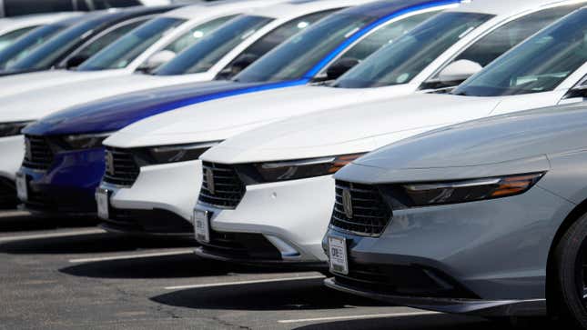 Unsold 2023 Accord sedans sit outside a Honda dealership Thursday, April 20, 2023, in Highlands Ranch, Colo.