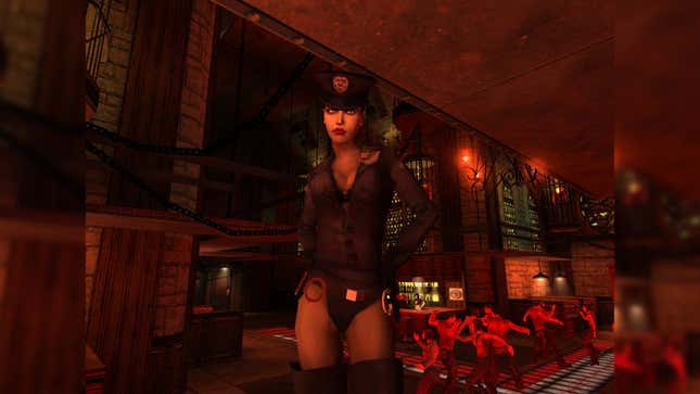 A vampire dressed in a cop uniform stares at the camera as shirtless people dance in the nightclub behind her.