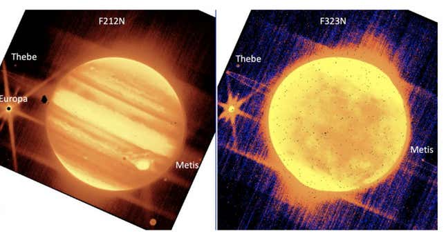 Izquierda: Júpiter y sus lunas Europa, Tebe y Metis, se ven a través del filtro de 2,12 micras del instrumento NIRCam del telescopio espacial James Webb. Derecha: Júpiter, Europa, Tebe y Metis se ven a través del filtro de 3,23 micras del NIRCam.