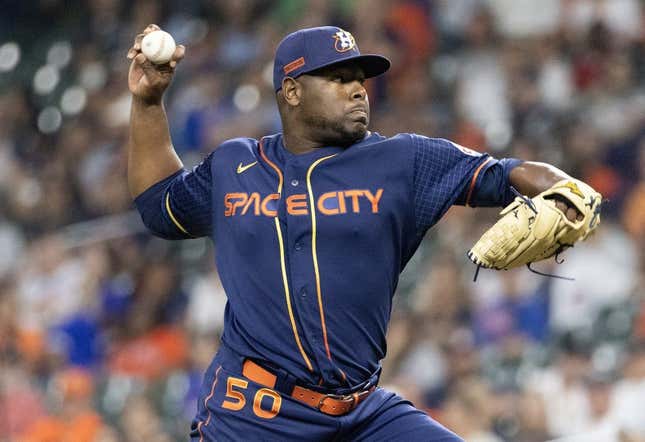 May 15, 2023; Houston, Texas, USA; Houston Astros relief pitcher Hector Neris (50) pitches against the Chicago Cubs in the ninth inning at Minute Maid Park.