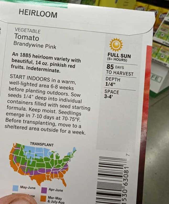 The back of a package of tomato seeds, with a map of US planting zones, germination information and growing tips.
