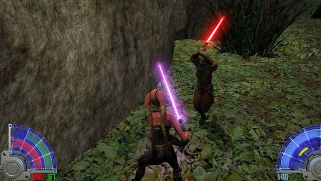 A screenshot shows two people fighting with lightsabers on a grassy planet. 