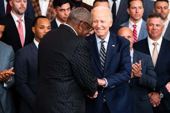 Aug 7, 2023; Washington, DC, USA; President Joe Biden shakes hands with Houston Astros manager Dusty Baker to the White House to celebrate their MLB 2022 World Series victory Monday, Aug. 7, 2023.