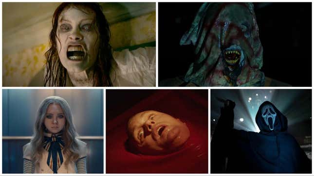Clockwise from Top Left: Evil Dead Rise (Warner Bros.), Malum (Welcome Villain), Scream VI (Paramount), Infinity Pool (Neon), M3gan (Universal) 