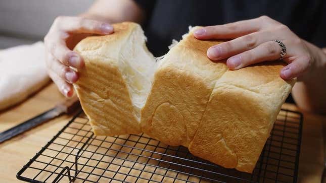 Hands tearing a loaf of Japanese shokupan