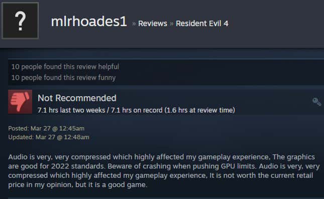 A screenshot of a Steam user text review for the game Resident Evil 4.