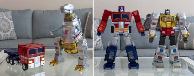 Two images comparing the size of Robosen and Hasbro's Transformers Grimlock Auto-Converting Robot Flagship Collector’s Edition to the Optimus Prime robot in both transformation modes.