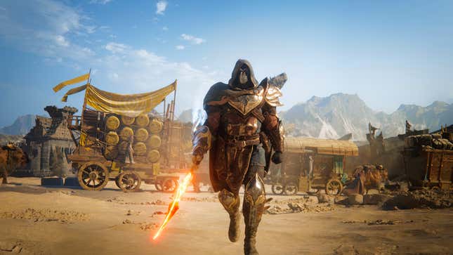 A man in armor with a cool, flaming sword walks a desert towards the camera.