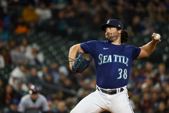 Mar 31, 2023; Seattle, Washington, USA; Seattle Mariners starting pitcher Robbie Ray (38) throws against the Cleveland Guardians during the first inningat T-Mobile Park.