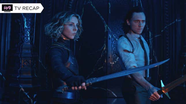 Sophia Di Martino and Tom Hiddleston hold swords as Sylvie and Loki on Disney+'s Loki.