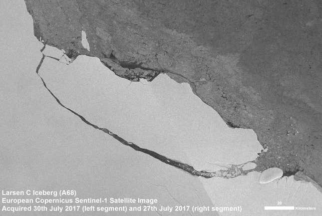 The A68 iceberg, breaking away from Antarctica in July.