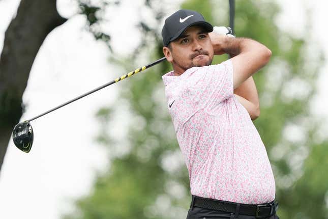 May 14, 2023; McKinney, Texas, USA; Jason Day plays his shot from the second tee during the final round of the AT&amp;amp;T Byron Nelson golf tournament.