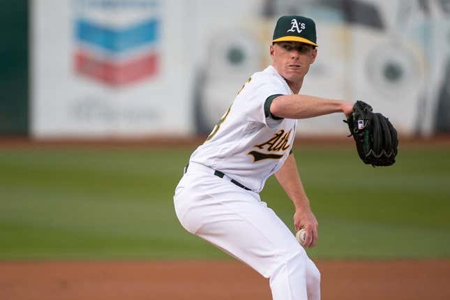 Apr 4, 2023; Oakland, California, USA; Oakland Athletics starting pitcher JP Sears (38) throws a pitch during the first inning against the Cleveland Guardians at RingCentral Coliseum.