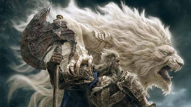 Godfrey, First Elden Lord, standing with his great axe and white lion, is one of Elden Ring's most challenging bosses.