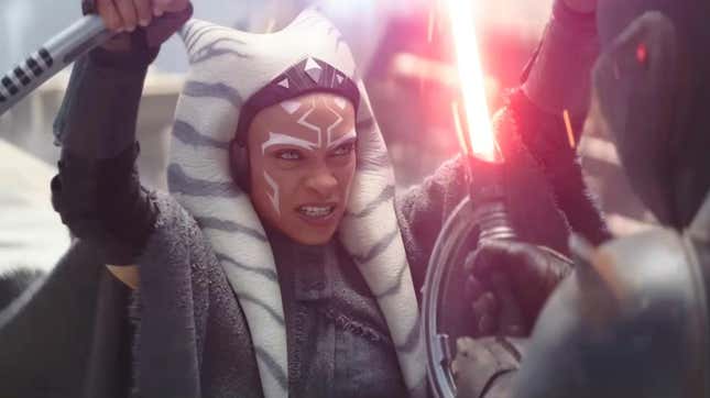 Ashoka trailer screenshot of Ashoka wielding two lightsabers