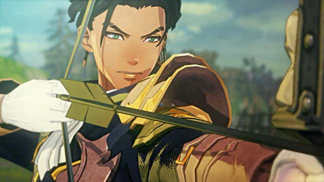 Claude pulls back a bowstring in Fire Emblem Warriors: Three Hopes.