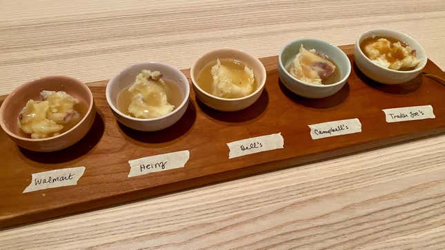 I tried the different gravy options atop mashed potatoes, in tiny bowls, where the variation in gravy color is evident.