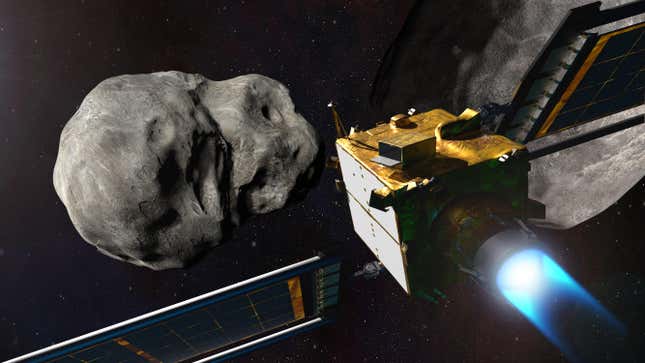 An illustration of the DART spacecraft approaching the asteroid.