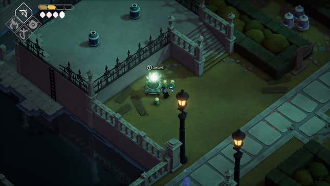 The crow approaches a healing plant in Death's Door.