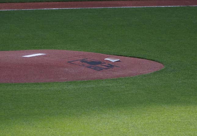 Jul 28, 2020; San Francisco, California, USA; A logo for black lives matter on the pitcher s mound before the game between the San Francisco Giants and San Diego Padres at Oracle Park.