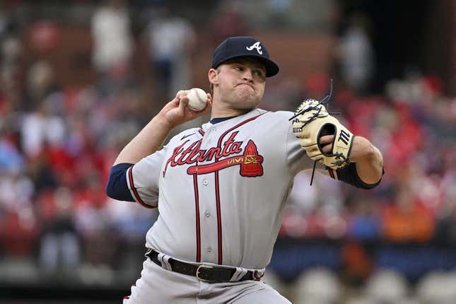 Apr 5, 2023; St. Louis, Missouri, USA;  Atlanta Braves starting pitcher Bryce Elder (55) pitches against the St. Louis Cardinals during the second inning at Busch Stadium.