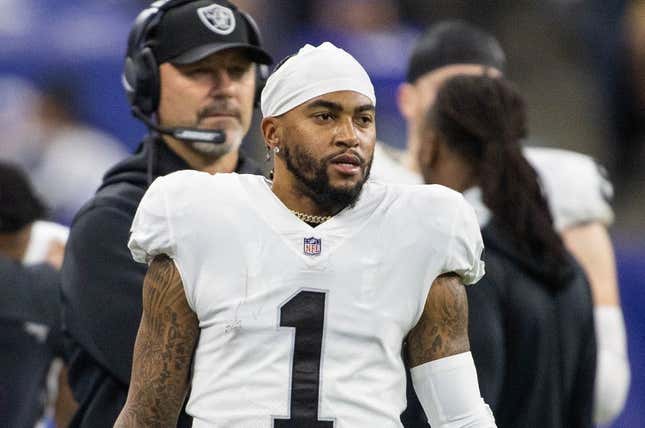 Jan 2, 2022; Indianapolis, Indiana, USA; Las Vegas Raiders wide receiver DeSean Jackson (1) in the second half against the Indianapolis Colts at Lucas Oil Stadium.