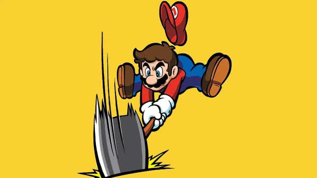 Mario pounds the ground with a hammer. 