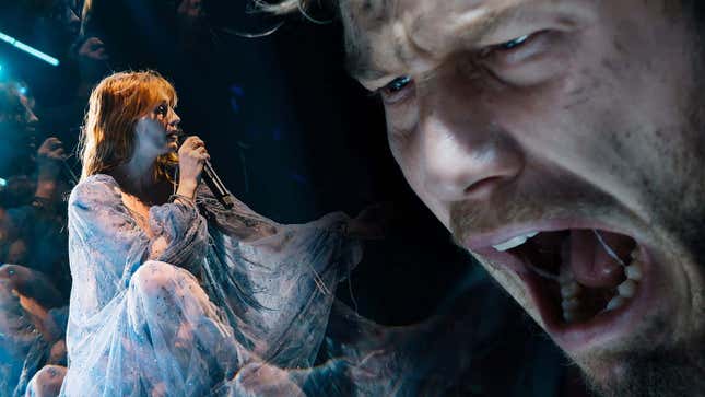 A spliced image shows Florence Welch performing on stage next to a crying Chris Pratt from Guardians of the Galaxy Vol. 3.