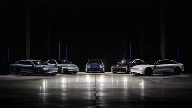 The full Lucid Air lineup consisting of the Pure, Touring, Grand Touring, Grand Touring Performance and Sapphire.