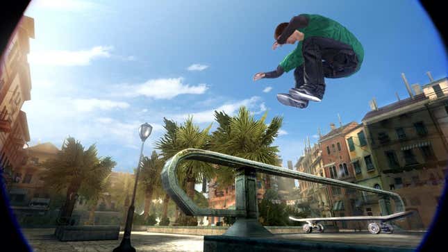 A Skate 2 screenshot depicting a skateboarder hippie jumping over a handrail.