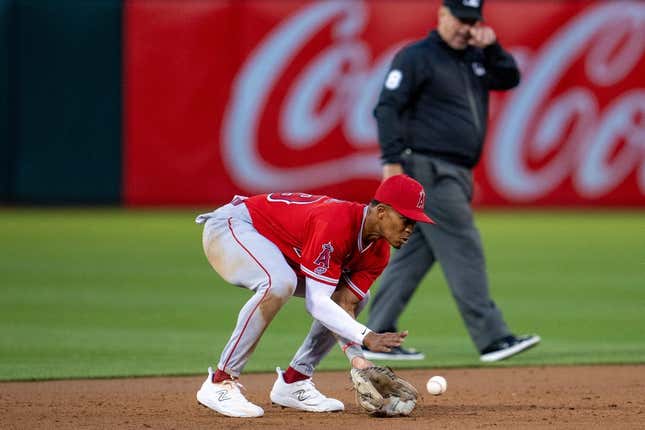 Sep 1, 2023; Oakland, California, USA;  Los Angeles Angels shortstop Kyren Paris (19) fields a ground ball during the third inning against the Oakland Athletics at Oakland-Alameda County Coliseum.