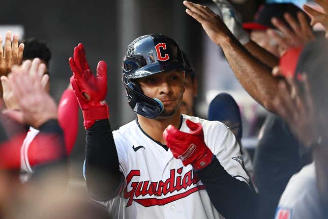 Aug 4, 2023; Cleveland, Ohio, USA; Cleveland Guardians second baseman Andres Gimenez celebrates after hitting a two run home run during the fifth inning against the Chicago White Sox at Progressive Field.