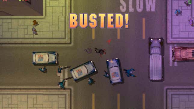 A screenshot shows a player getting busted in GTA 2. 