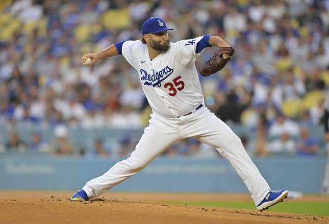 Aug 11, 2023; Los Angeles, California, USA;  Los Angeles Dodgers starting pitcher Lance Lynn (35) delivers in the first inning against the Colorado Rockies at Dodger Stadium.