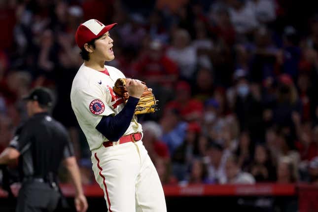 Sep 17, 2022; Anaheim, California, USA;  Los Angeles Angels starting pitcher Shohei Ohtani (17) reacts after Seattle Mariners player Adam Frazier hit into a double play during the seventh inning of a baseball game at Angel Stadium.