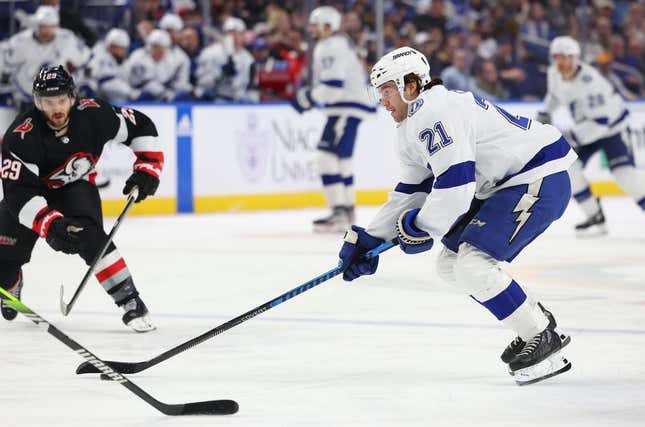 Mar 4, 2023; Buffalo, New York, USA;  Tampa Bay Lightning center Brayden Point (21) looks to take a shot on goal during the first period against the Buffalo Sabres at KeyBank Center.
