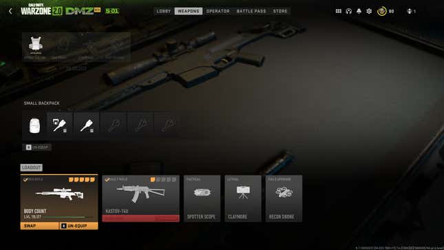The weapons and equipment menu shows different loadout possibilities.