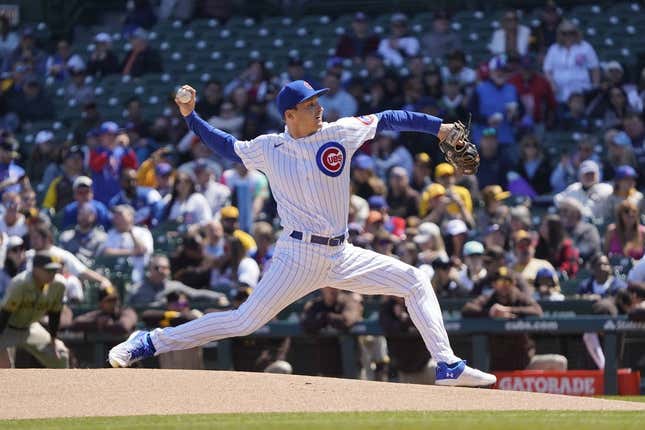 Apr 27, 2023; Chicago, Illinois, USA; Chicago Cubs starting pitcher Hayden Wesneski (19) throws against the San Diego Padres during the first inning at Wrigley Field.