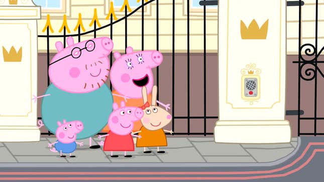 Peppa the pig and her family visit Buckingham Palace.