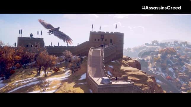 A hawk soars over ancient China.