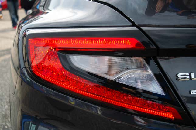 Close up of the 2022 WRX tail lights, showing an internal web of lines akin to magma or broken glass.