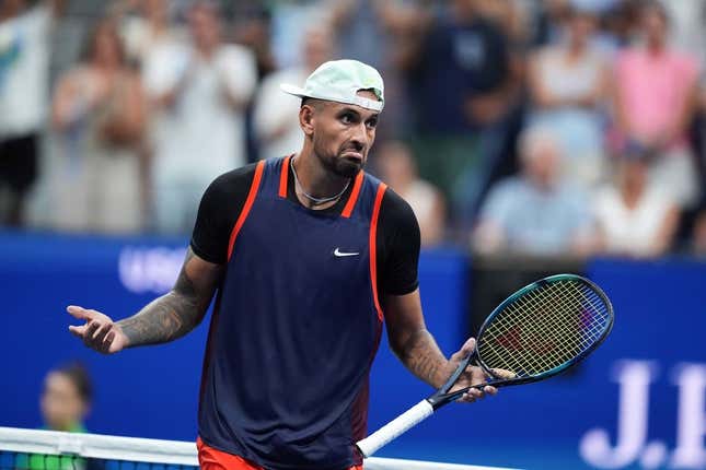 Sep 4, 2022; Flushing, NY, USA; Nick Kyrgios of Australia reacts to defeating Daniil Medvedev on day seven of the 2022 U.S. Open tennis tournament at USTA Billie Jean King Tennis Center.