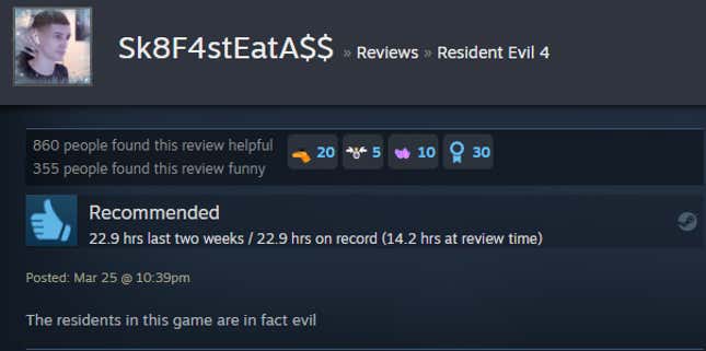 A screenshot of a Steam user text review for the game Resident Evil 4.