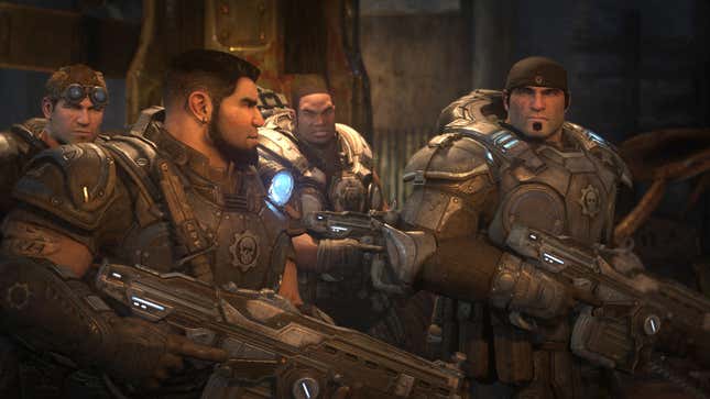 The heavily armored Gears of War protagonists have a conversation with one another.