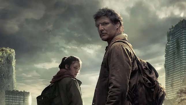 Joel and Ellie look back as clouds hang over a bombed out Boston. 