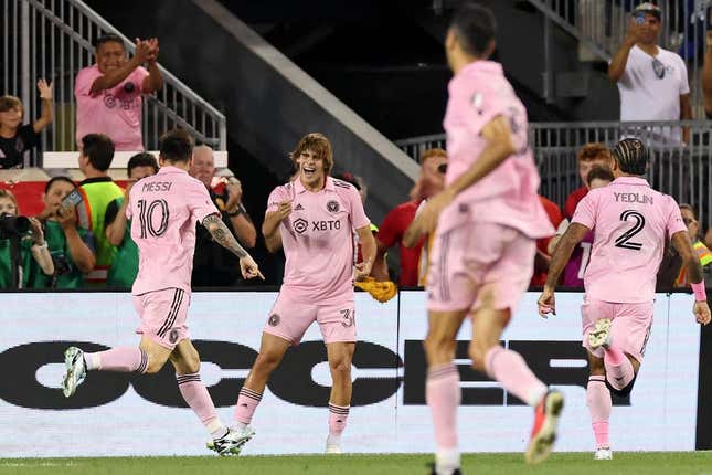 Aug 26, 2023; Harrison, New Jersey, USA; Inter Miami CF forward Lionel Messi (10) celebrates after scoring a goal against the New York Red Bulls with midfielder Benjamin Cremaschi (30) during the second half at Red Bull Arena.