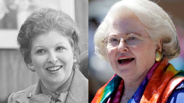 Left: FILE - Sarah Weddington, general counsel at the Agriculture Department, smiles during an interview at her office in Washington on Aug. 31, 1978. Weddington, who at 26 successfully argued the landmark abortion rights case Roe v. Wade before the U.S. Supreme Court, died Sunday, Dec. 26, 2021. She was 76. (AP Photo/Barry Thumma, File) Right: Attorney Sarah Weddington, who argued Roe vs. Wade, during a women's rights rally on Tuesday, June 4, 2013, in Albany, N.Y. (AP Photo/Mike Groll)