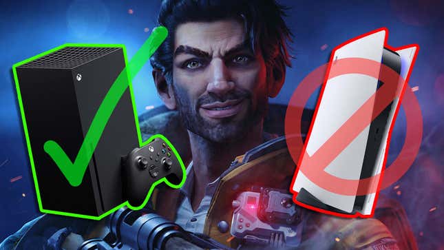 A man stands behind an Xbox with a green checkmark and a PS5 covered in red circle and cross. 