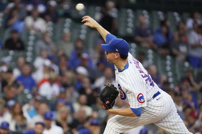 Sep 5, 2023; Chicago, Illinois, USA; Chicago Cubs starting pitcher Kyle Hendricks (28) throws the ball against the San Francisco Giants during the first inning at Wrigley Field.